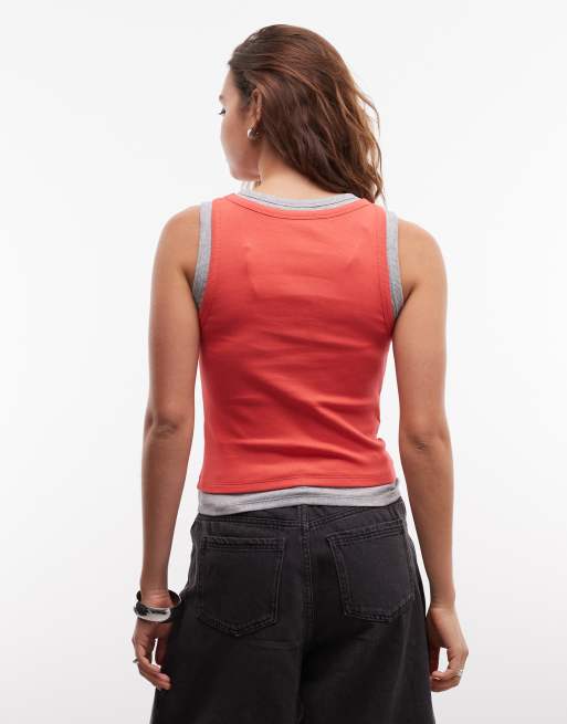 ASOS DESIGN faux double layer ribbed vest in coral & grey marl, 4 of 4