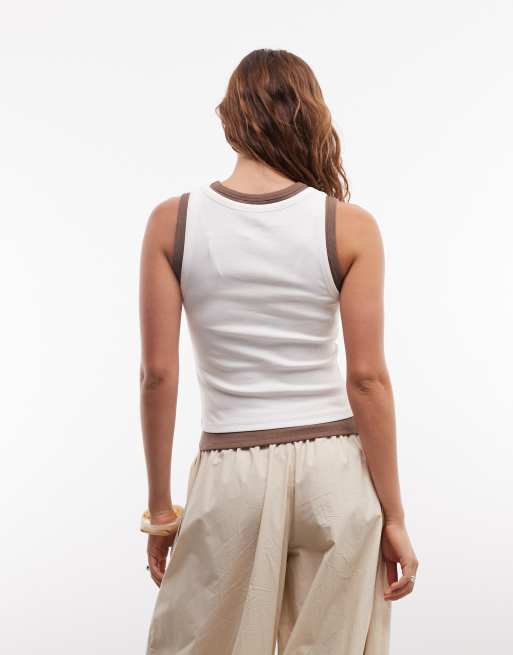 ASOS DESIGN faux double layer ribbed vest in cream & choc, 3 of 4