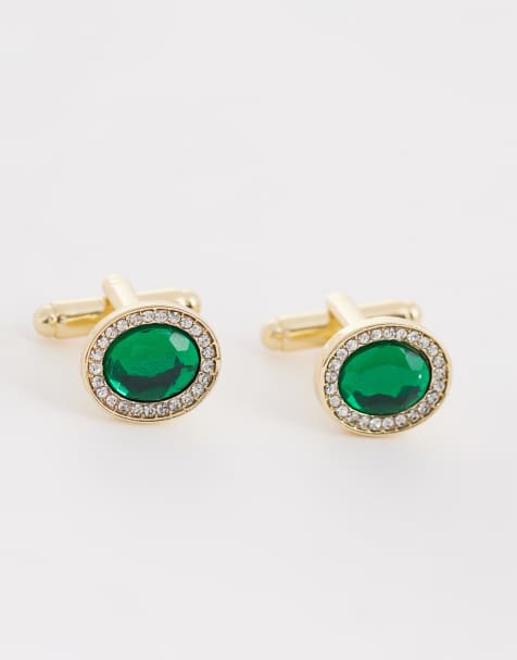 ASOS DESIGN faux emerald stone cufflinks in gold tone - view 1