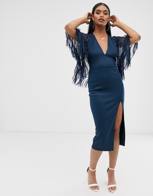 Asos design faux feather outlet cape midi pencil dress