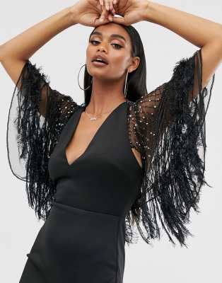 asos design faux feather cape midi pencil dress