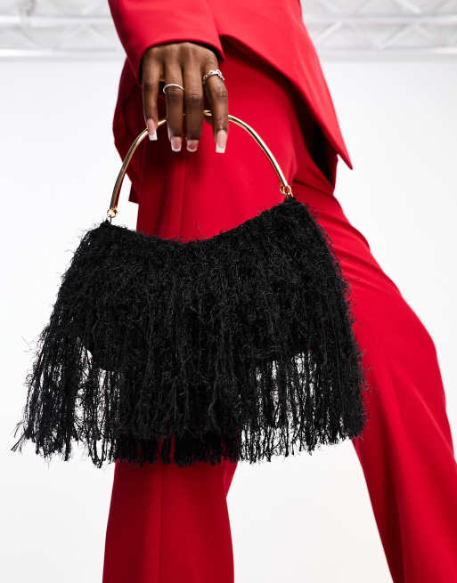 ASOS DESIGN faux feather clutch bag with gold handle in black