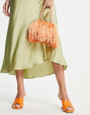 ASOS DESIGN faux feather clutch bag with resin handle in orange