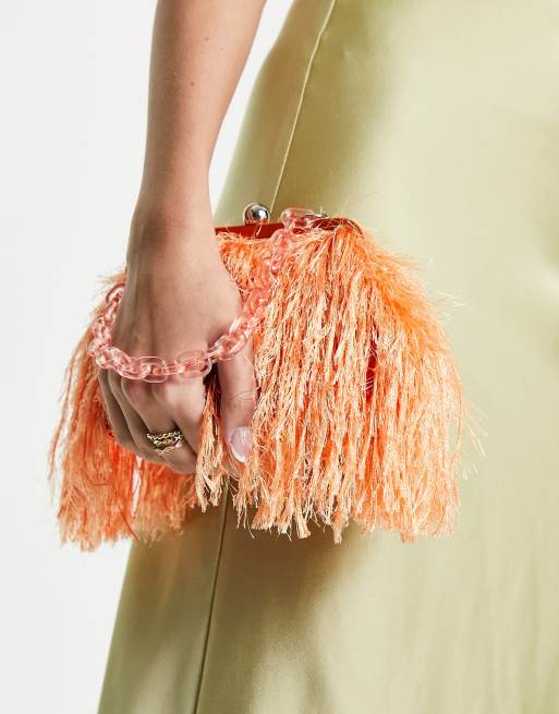 ASOS DESIGN faux feather clutch bag with resin handle in orange ASOS