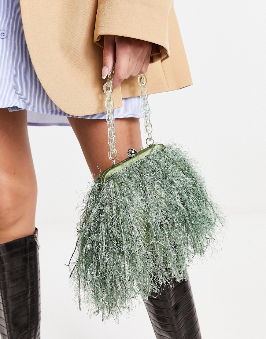 ASOS DESIGN faux feather clutch bag with resin handle in sage-Green