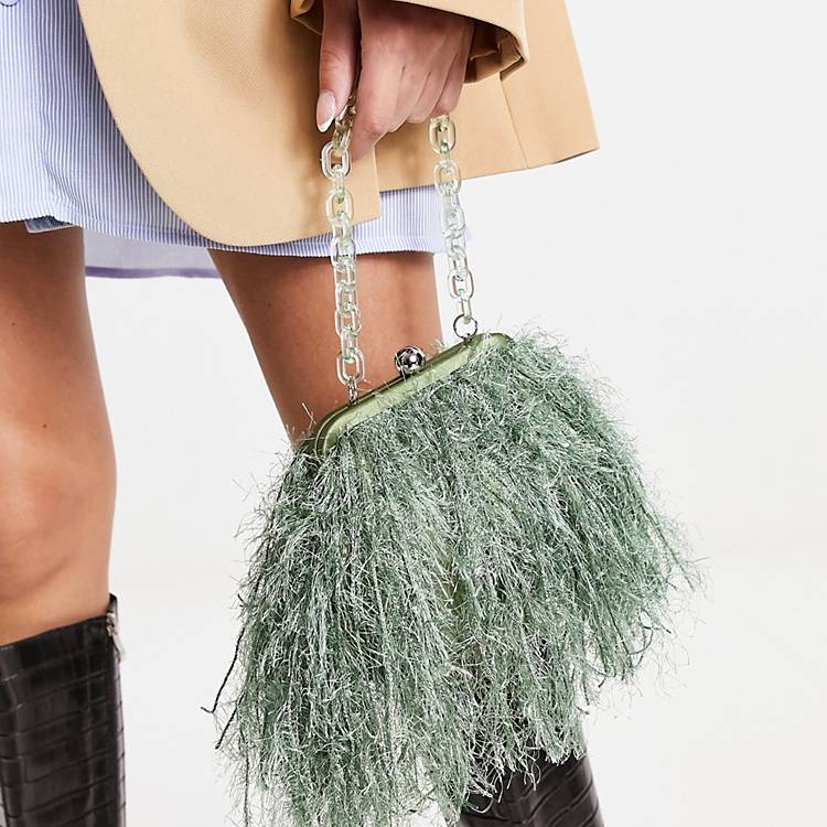 ASOS DESIGN faux feather clutch bag with resin handle in sage | ASOS