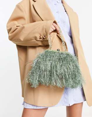 ASOS DESIGN FAUX FEATHER CLUTCH BAG WITH RESIN HANDLE 