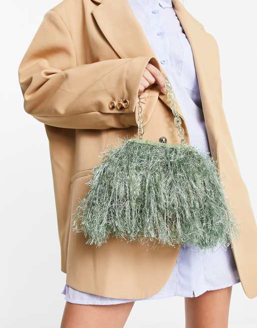 ASOS DESIGN faux feather clutch bag with gold handle in black