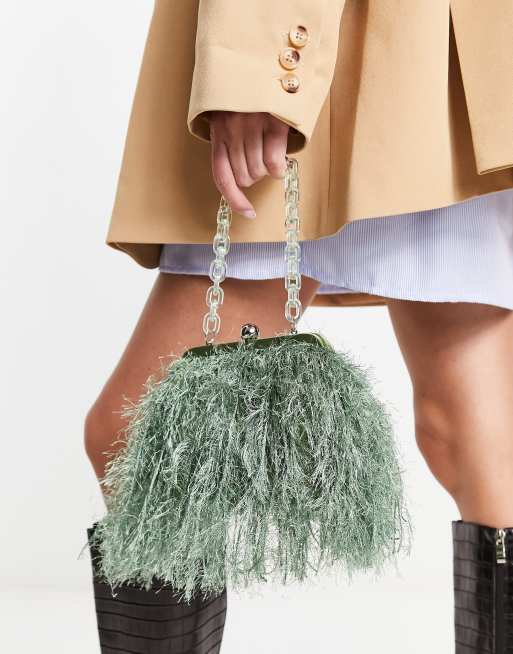 ASOS DESIGN faux feather clutch bag with resin handle in sage