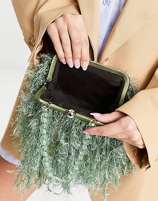 ASOS DESIGN faux feather clutch bag with resin handle in sage | ASOS