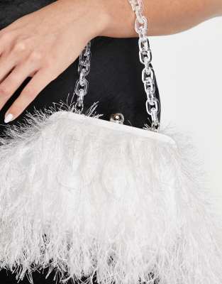 ASOS DESIGN faux feather clutch bag with resin handle in white