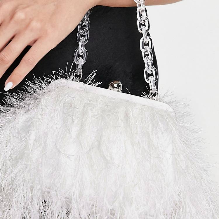 ASOS DESIGN faux feather clutch bag with resin handle in white
