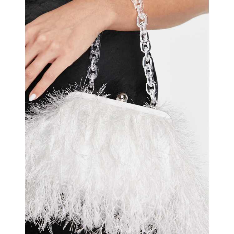 ASOS DESIGN faux feather clutch bag with gold handle in black