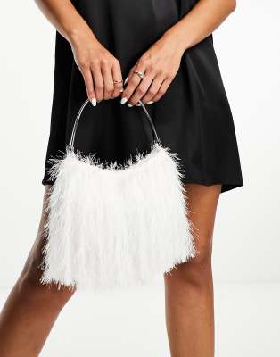 Buy ASOS DESIGN faux feather clutch bag with silver handle in