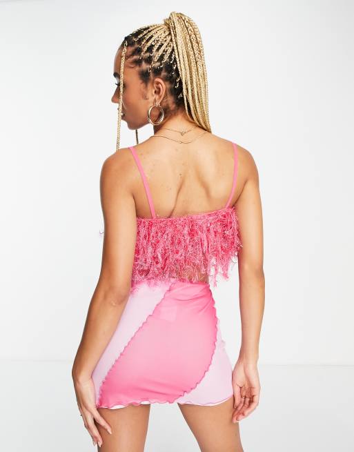 ASOS DESIGN faux feather crop cami in bright pink, 2 of 4