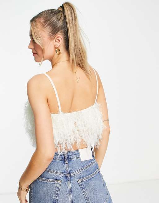 ASOS DESIGN faux feather crop cami in cream