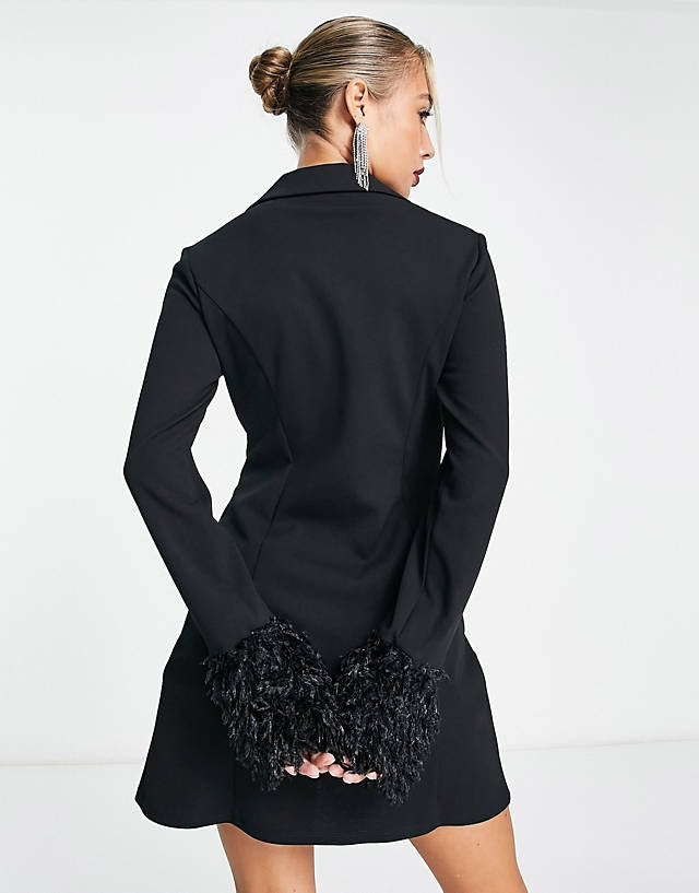 ASOS DESIGN faux feather cuff diamante trim mini blazer dress in black GN9878