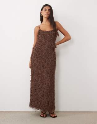 Asos Design Faux Feather Maxi Dress In Brown