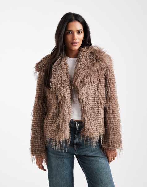 ASOS DESIGN faux feather short jacket in taupe - view 1
