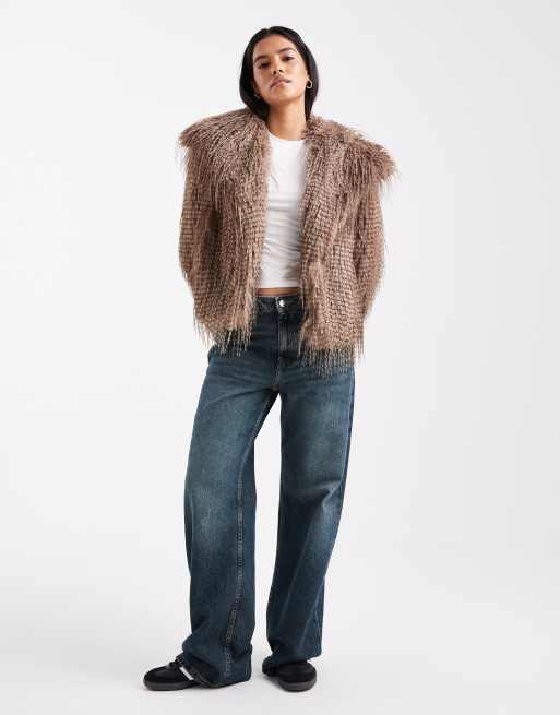 ASOS DESIGN faux feather short jacket in taupe