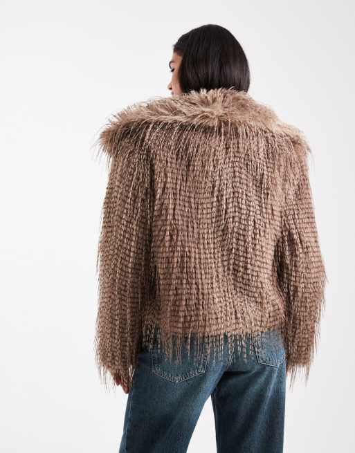 ASOS DESIGN faux feather short jacket in taupe