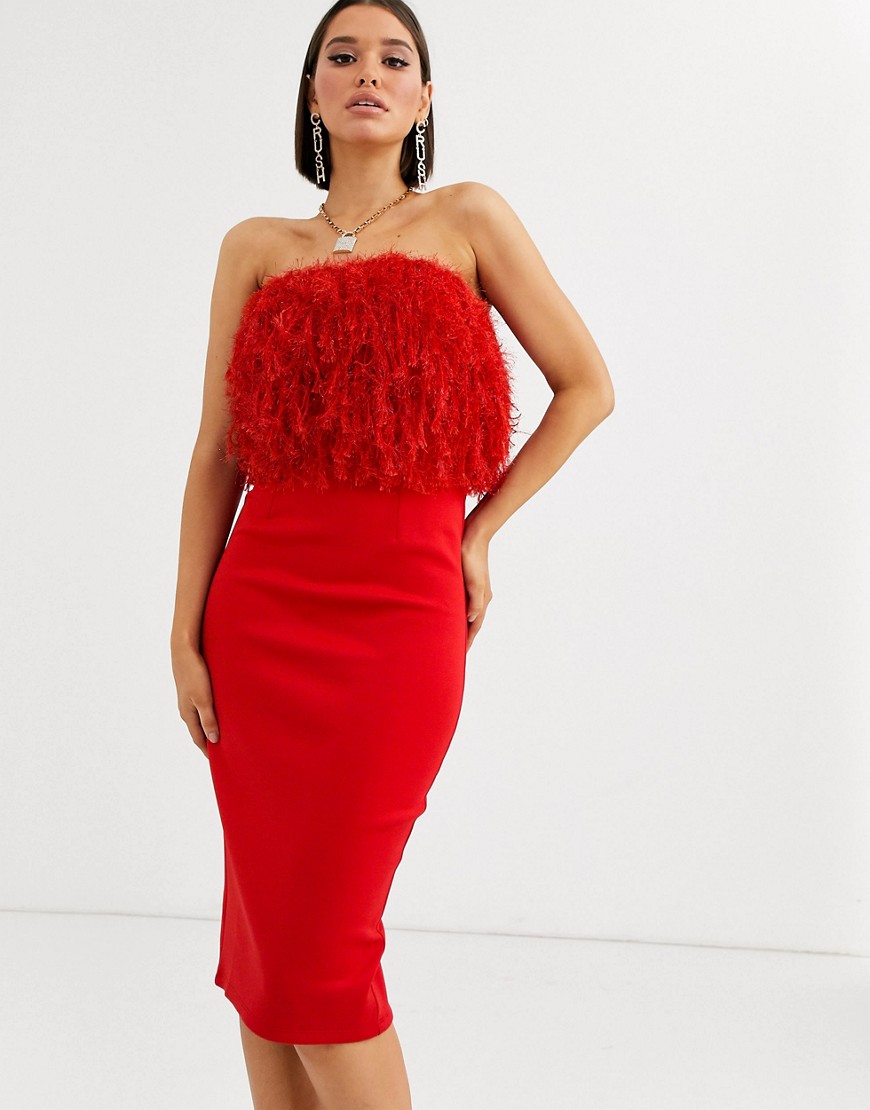 ASOS DESIGN faux feather top bandeau midi dress-Red