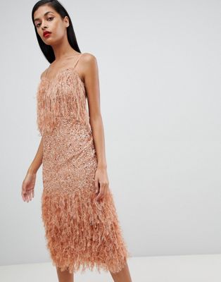 asos design embellished sequin maxi dress with faux feather trim