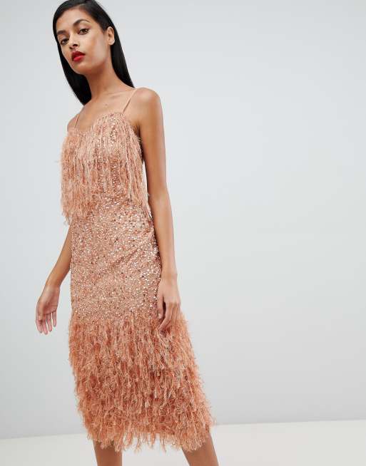 ASOS DESIGN faux feather trim sequin midi dress