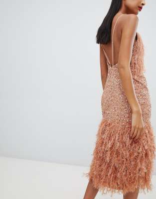 asos design embellished sequin maxi dress with faux feather trim