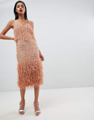 asos design embellished sequin maxi dress with faux feather trim