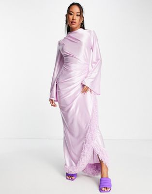 ASOS DESIGN faux feather trim wrap maxi dress in lilac