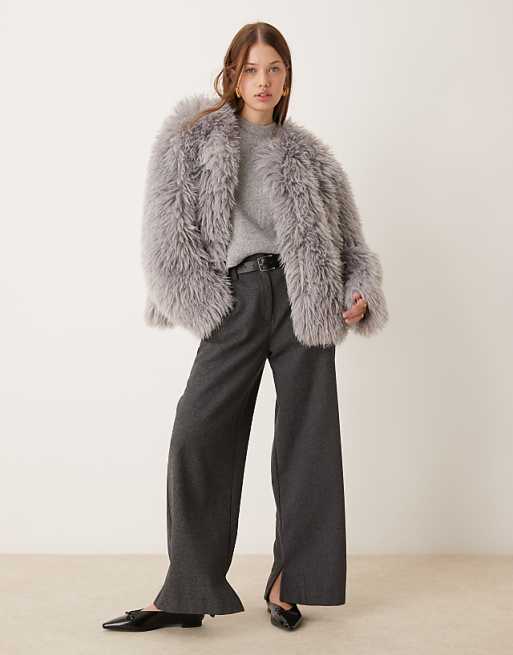 ASOS DESIGN faux fluffy fur jacket in gray | ASOS ASOS DESIGN faux fluffy fur jacket in gray | ASOS
