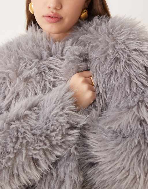 ASOS DESIGN faux fluffy fur jacket in gray | ASOS ASOS DESIGN faux fluffy fur jacket in gray | ASOS