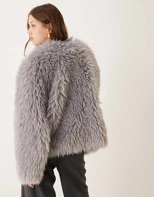 ASOS DESIGN faux fluffy fur jacket in gray | ASOS ASOS DESIGN faux fluffy fur jacket in gray | ASOS