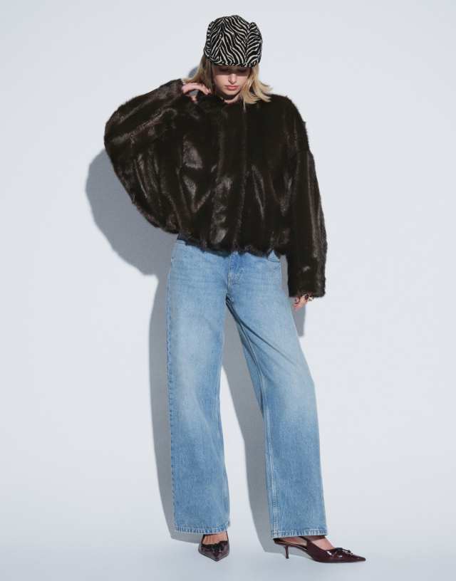 ASOS DESIGN faux fur batwing bomber jacket in dark brown