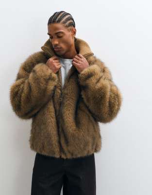 Asos Design Faux Fur Bomber In Brown