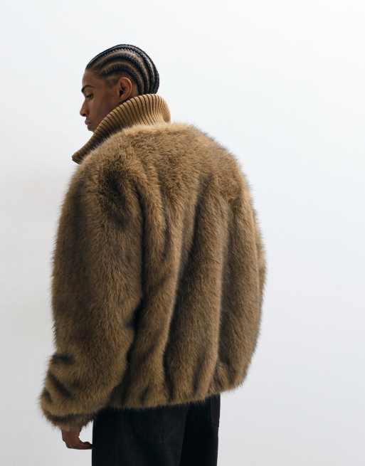 ASOS DESIGN faux fur bomber in brown, 5 of 5