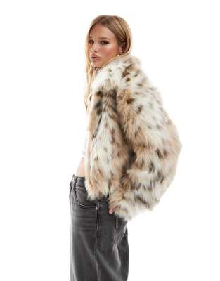 faux fur bomber jacket in snow leopard print-Multi