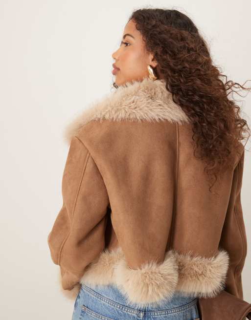 ASOS DESIGN faux fur bonded faux fur jacket in tan ASOS