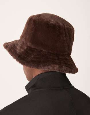 Asos Design Faux Fur Bucket Hat In Brown