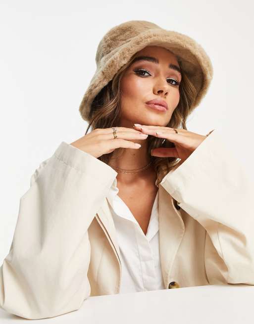 ASOS DESIGN oversized faux fur bucket hat in tobacco