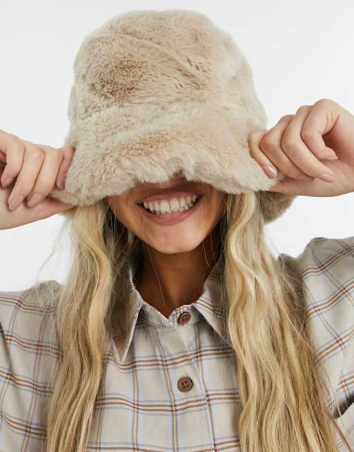 ASOS DESIGN faux-fur bucket hat in stone