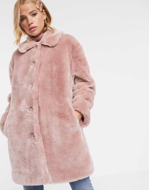 ASOS DESIGN faux fur button through coat in pink | ASOS