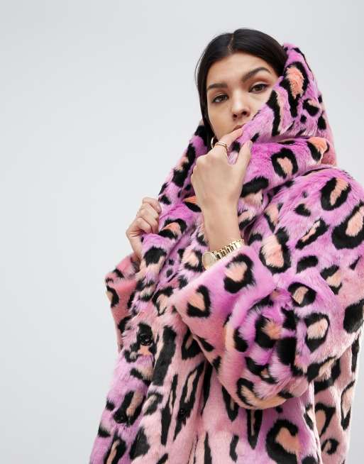 Asos pink 2025 leopard coat