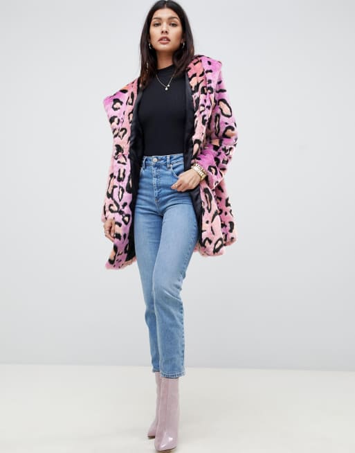 Asos pink outlet leopard coat