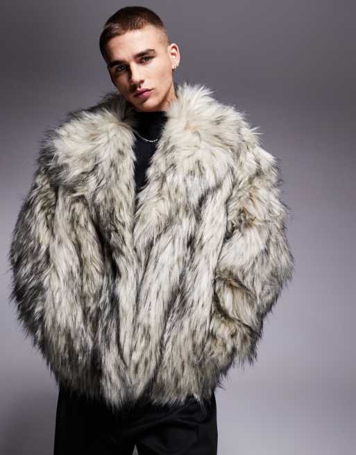 ASOS DESIGN faux fur coat in gray with white tipping