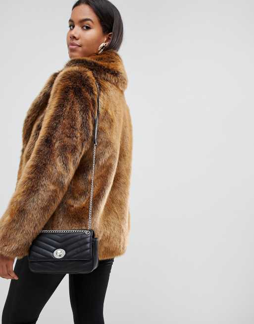 ASOS DESIGN Tall stand collar faux fur coat in brown