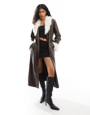 faux fur collar and cuff longline leather look coat in chocolate-Brown