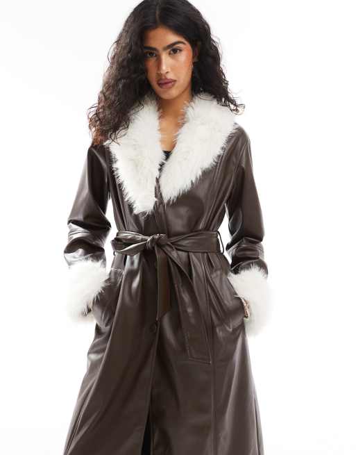 ASOS DESIGN faux fur collar and cuff longline leather look coat in chocolate, 2 of 4