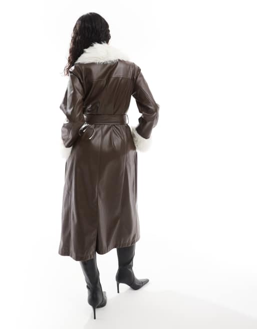 ASOS DESIGN faux fur collar and cuff longline leather look coat in chocolate, 4 of 4